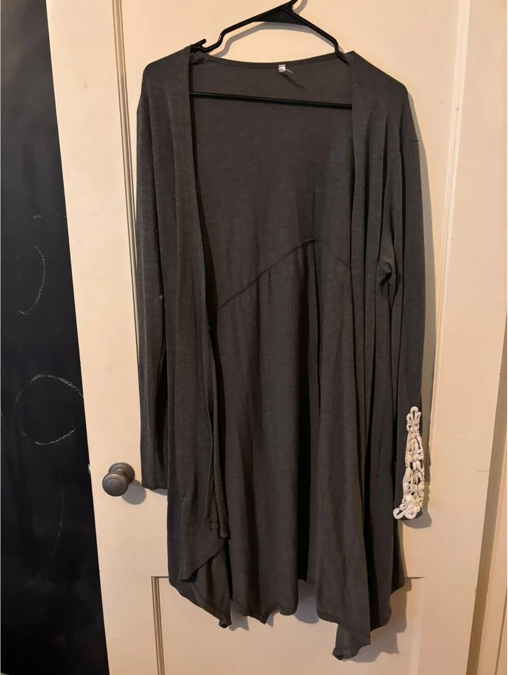 PinkBlush Dark Gray Open Front Cardigan with White Lace Detail